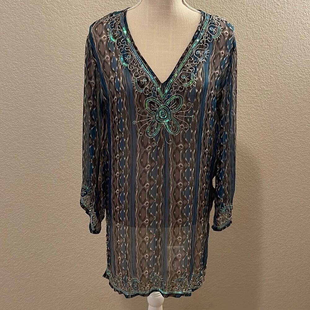 Kohinoor Women's Teal Gray Beaded Sequin Sheer Blouse Shirt Coverup Resortweart